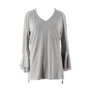 C Oliver Sz M Gray Slit Flutter Ruffled Sleeve V Neck Viscose Blend Knit Top